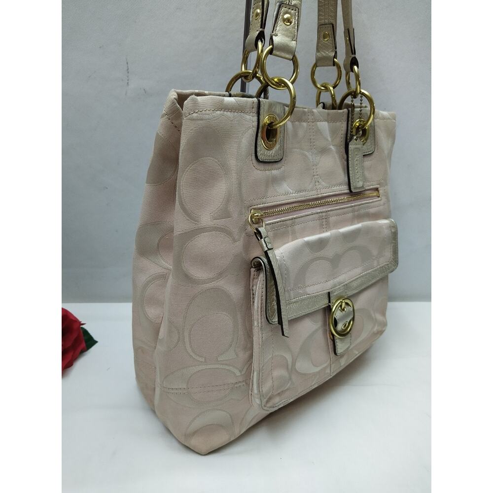 Coach Signature Beige Canvas Leather Trim Front Pocket Double Handles Tote Bag - Picture 4 of 16